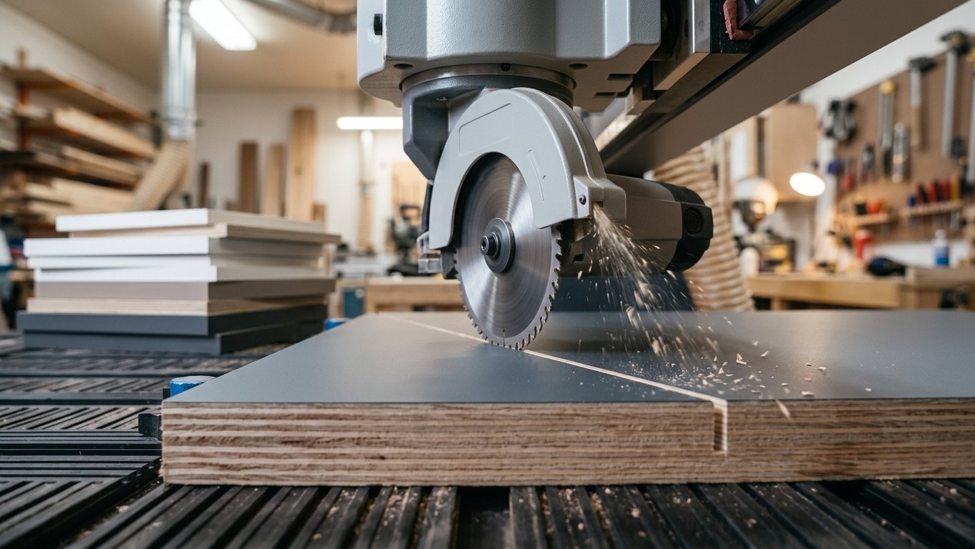 CNC saw cutting a plywood panel with an anthracite face