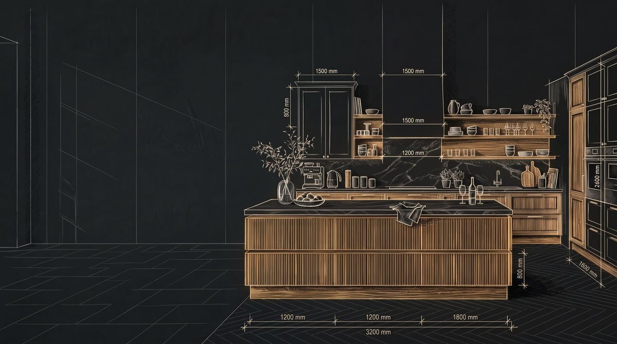 Design drawing of a kitchen with an island, open wall units and tall units, with dimensions in millimetres