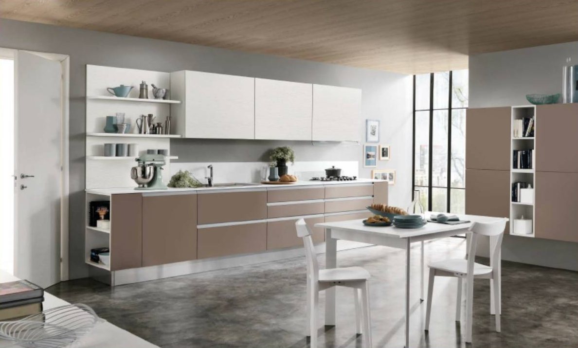 Küche Linea in Weiss und Taupe mit weissem Tisch