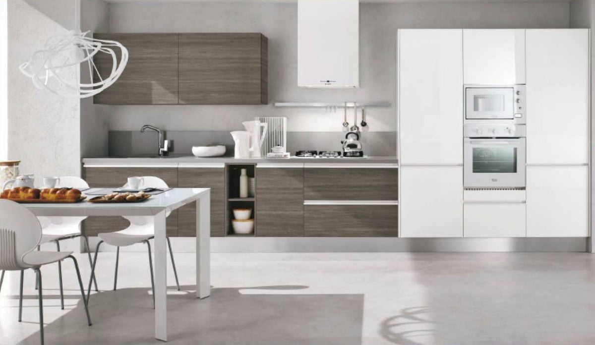 Küche Linea in Weiss und Grau mit Esstisch