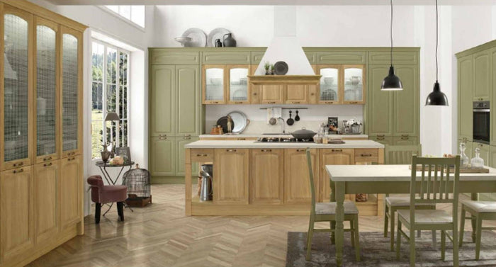 Küche Mida in Grün und Holz mit Kochinsel und Tisch